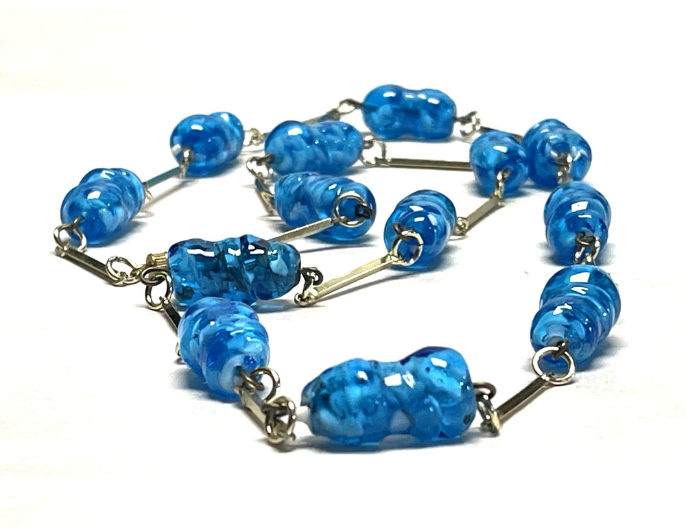 Vintage Murano Style Blue Art Glass Bead & Gold Tone Bar Link Necklace 24"